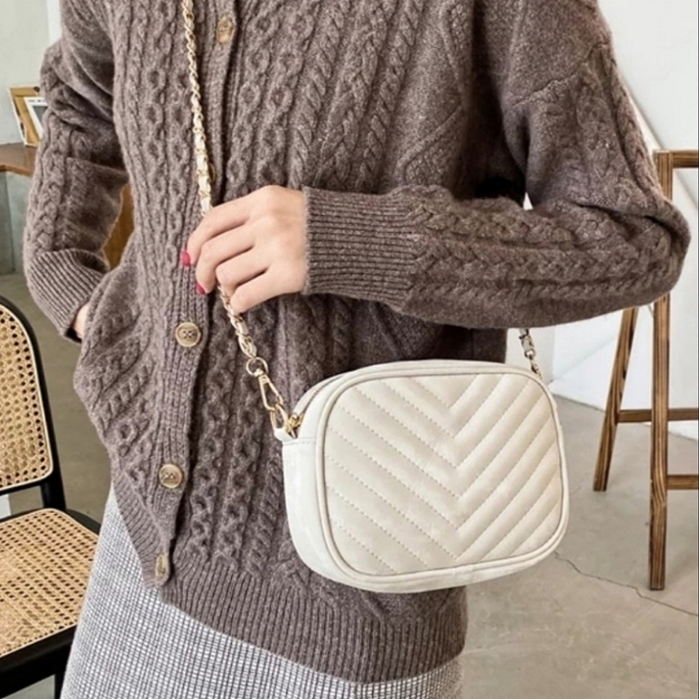 Angie Quilted Crossbody with Chain Strap - Cream